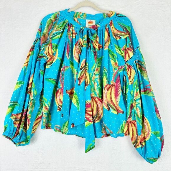 Farm Rio Banana Sky Blouse Size XS NWT Tie Neck Swiss Dot Cotton Balloon Sleeve - Picture 4 of 12